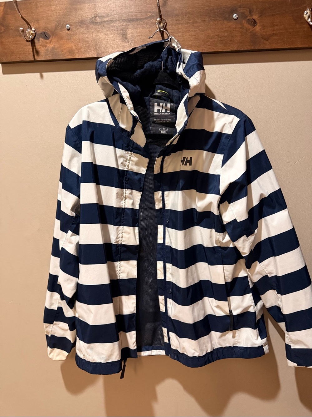 Helly Hansen Navy and White Striped Rain Jacket with Hood